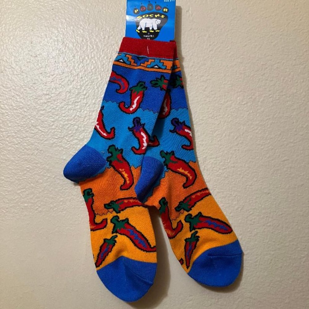 Vintage Polar Socks Colorful Chili Pepper Novelty Socks Fits Size 8-11 NEW